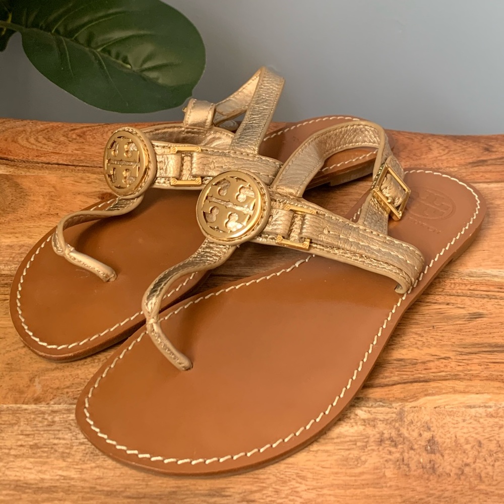Tory Burch Gold T Strap Thong Sandals 7.5